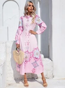 GENKIRA 印花高衩前紐扣襯衫連衣裙 - 粉色 - 查看 5