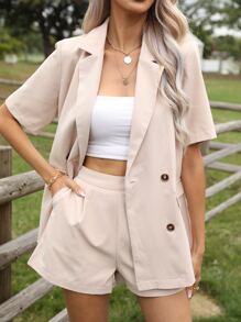 SHEIN LUNE Blazer de doble botonadura con diseño de solapa & Shorts - Albaricoque - Ver 1