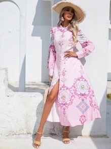 GENKIRA 印花高衩前紐扣襯衫連衣裙 - 粉色 - 查看 6