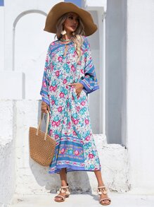 SHEIN VCAY 印花繫帶領荷葉袖洋裝 - 彩色 - 查看 3