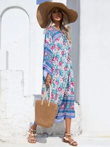 SHEIN VCAY 印花繫帶領荷葉袖洋裝 - 彩色 - 查看 6