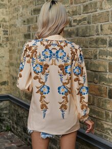 GENKIRA Áo sơ mi nữ Nút phía trước Hoa Boho - Màu be - Xem 2