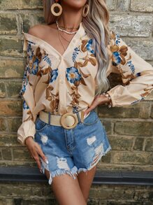 GENKIRA Áo sơ mi nữ Nút phía trước Hoa Boho - Màu be - Xem 3