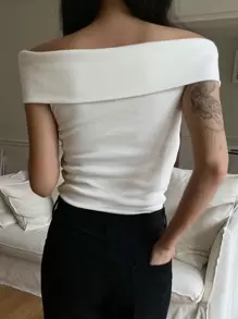 DAZY Off Shoulder Foldover Front Rib-knit Tee - White - View 2