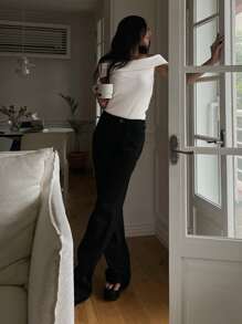 DAZY Off Shoulder Foldover Front Rib-knit Tee - White - View 7