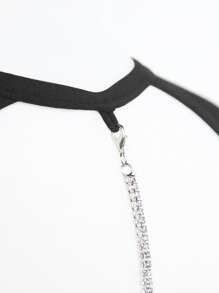 SHEIN BAE Rhinestone Chain Detail Backless Mesh Bodysuit - Black - View 6