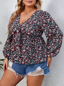 SHEIN VCAY Plus Ditsy Floral Print Knot Front Peplum Blouse - Multicolor - View 5