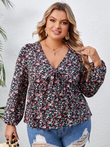 SHEIN VCAY Plus Ditsy Floral Print Knot Front Peplum Blouse - Multicolor - View 1