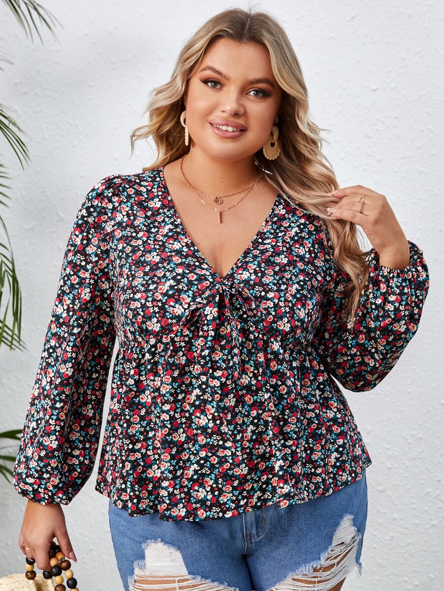 SHEIN VCAY Plus Ditsy Floral Print Knot Front Peplum Blouse - Multicolor - View 1