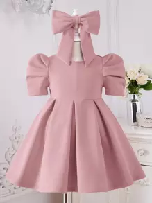 小女童泡泡袖褶皺洋裝附髮帶