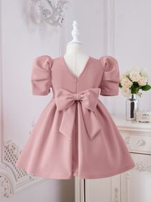 小女童泡泡袖褶皺洋裝附髮帶