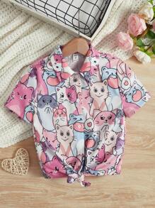 SHEIN Tween Girl Casual Cartoon Patterned Button-Up Shirt With Curved Hemline