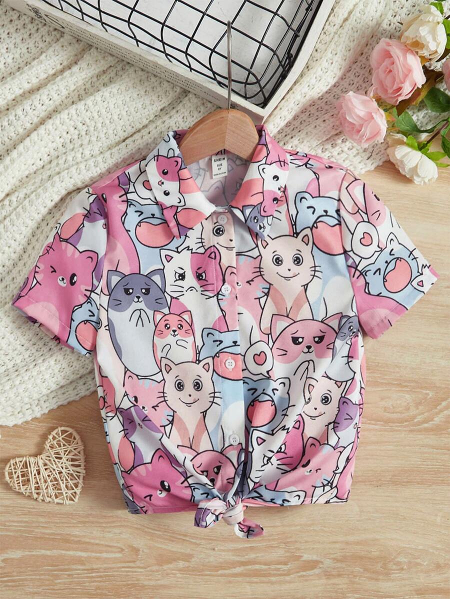 SHEIN Tween Girl Casual Cartoon Patterned Button-Up Shirt With Curved Hemline
