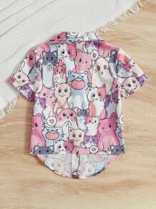 SHEIN Tween Girl Casual Cartoon Patterned Button-Up Shirt With Curved Hemline