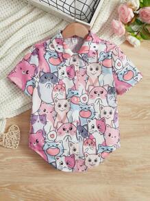 SHEIN Tween Girl Casual Cartoon Patterned Button-Up Shirt With Curved Hemline