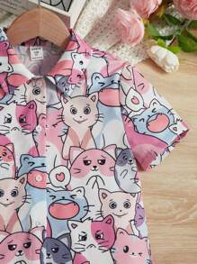 SHEIN Tween Girl Casual Cartoon Patterned Button-Up Shirt With Curved Hemline