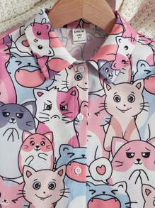 SHEIN Tween Girl Casual Cartoon Patterned Button-Up Shirt With Curved Hemline