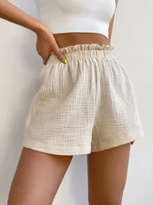 SHEIN EZwear Quần đùi nữ Quần paper-bag màu trơn Giải trí - Màu be - Xem 5