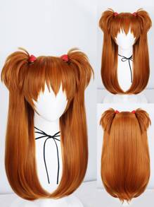 1pc Long Straight Cosplay Synthetic Wig With Bangs & 1pc Wig Cap - Brown - View 1