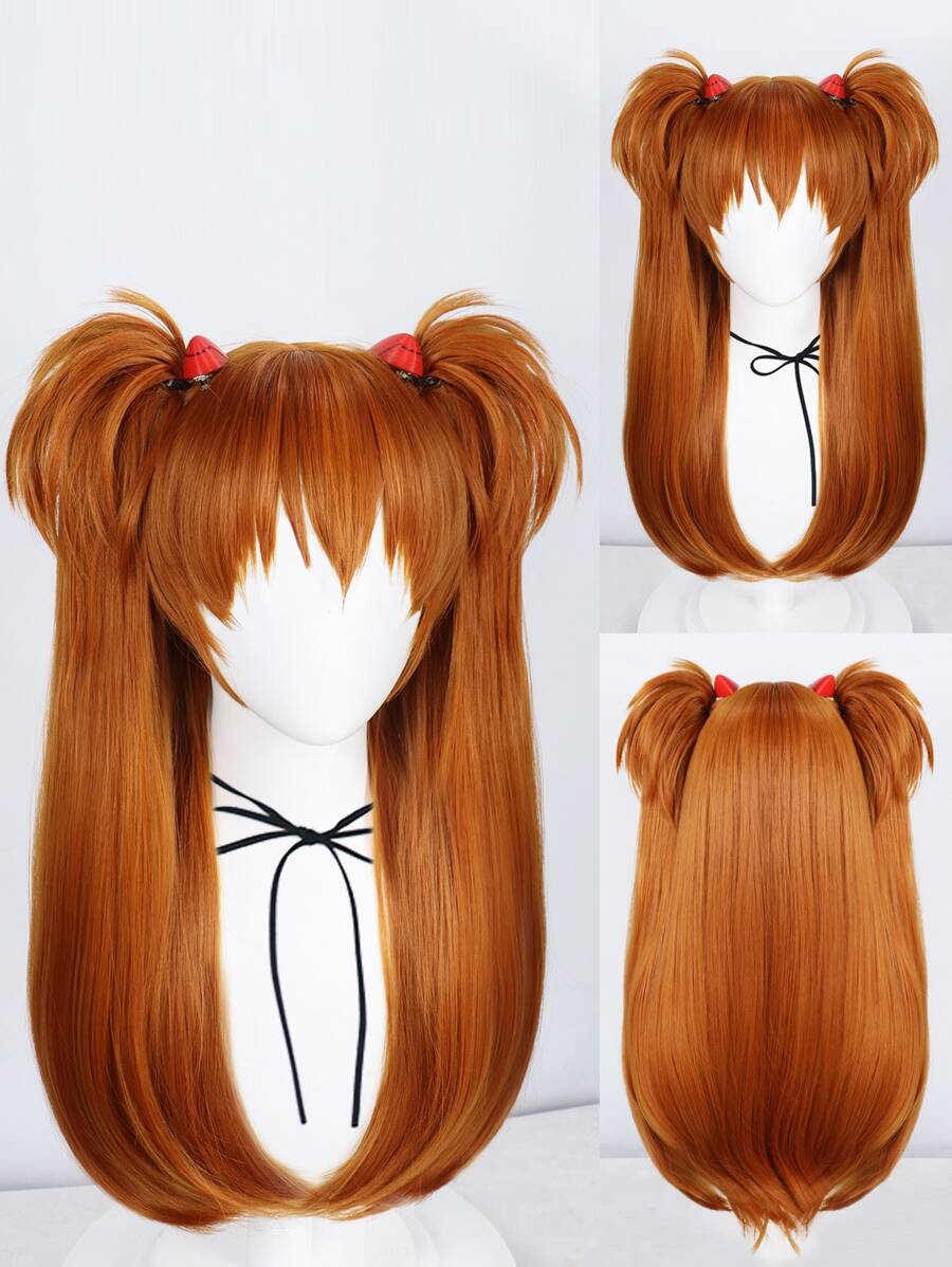 1pc Long Straight Cosplay Synthetic Wig With Bangs & 1pc Wig Cap - Brown - View 1