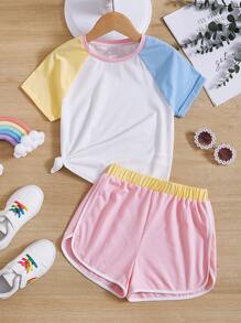 SHEIN Girls Colourblock Raglan Sleeve Tee & Shorts - Multicolor - View 1