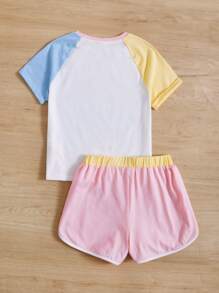 SHEIN Girls Colourblock Raglan Sleeve Tee & Shorts - Multicolor - View 2