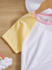 SHEIN Girls Colourblock Raglan Sleeve Tee & Shorts - Multicolor - View 4