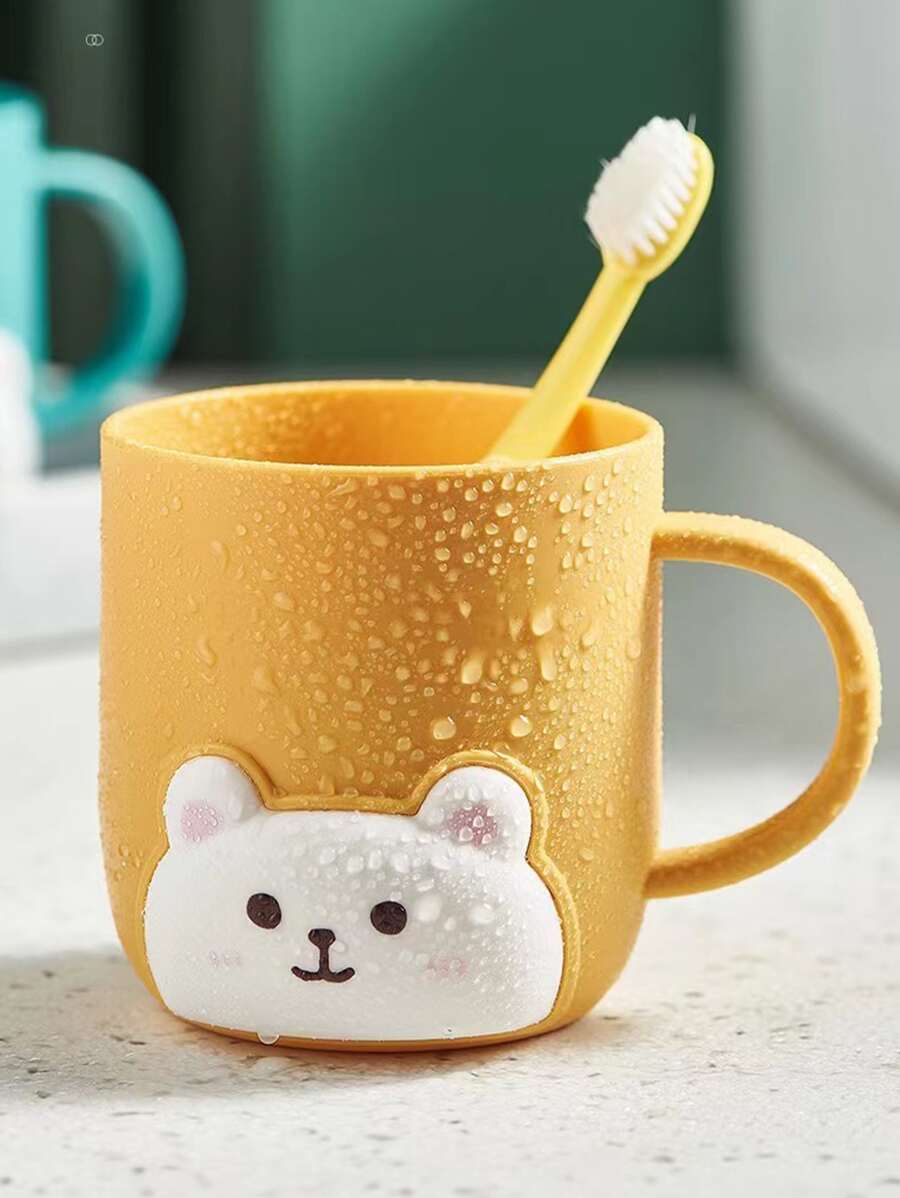 16.9oz Cartoon Bear Wash Cup, Portable Handle Plastic Cup, Kids Toothbrush Cup, Couple Bathroom Cup - Yellow - View 1