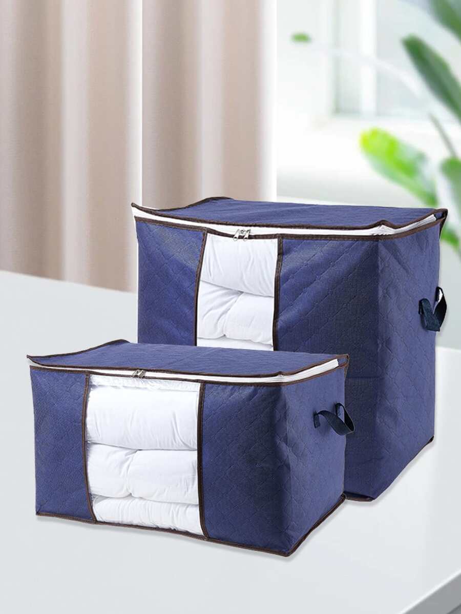 1pc Large Storage Bag Organizer Clothes Storage With Reinforced Handle, Storage Containers For Bedding, Comforters, Clothing, Closet, Clear Window, Sturdy Zippers - Navy Blue - View 1