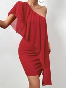 SHEIN Privé 單肩誇張荷葉邊緊身連衣裙 - 紅色 - 查看 2