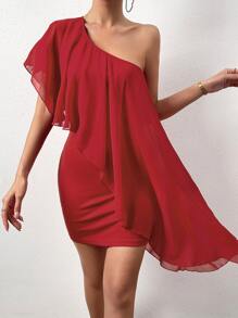 SHEIN Privé 單肩誇張荷葉邊緊身連衣裙 - 紅色 - 查看 1