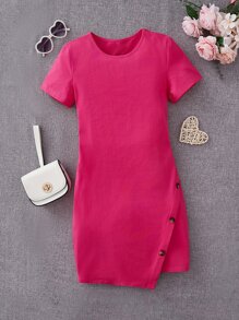 SHEIN Teen Girls Button Side Fitted Dress - Hot Pink - View 1