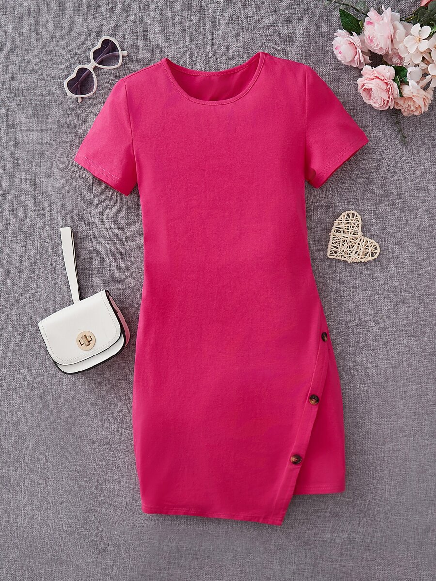SHEIN Teen Girls Button Side Fitted Dress - Hot Pink - View 1