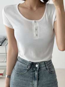 DAZY Áo thun nữ Gân đan Nút phía trước màu trơn Giải trí - trắng - Xem 2