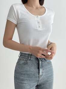 DAZY Áo thun nữ Gân đan Nút phía trước màu trơn Giải trí - trắng - Xem 3