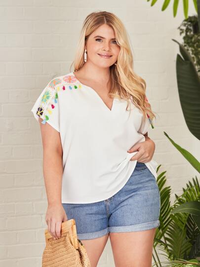 SHEIN VCAY Blusa floral de croché de cuello de muesca de manga murciélago