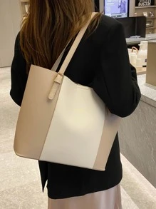 雙色單肩托特包 - 卡其色 - 查看 5