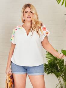 SHEIN VCAY Blusa floral de croché de cuello de muesca de manga murciélago - Blanco - Ver 4