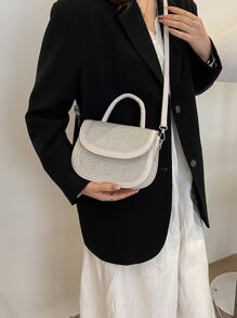 Studded Decor Flap Saddle Bag - Beige - View 1