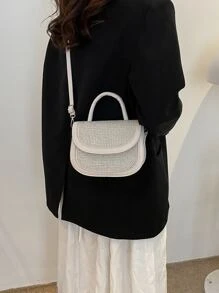 Studded Decor Flap Saddle Bag - Beige - View 3