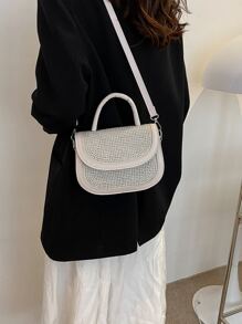 Studded Decor Flap Saddle Bag - Beige - View 4