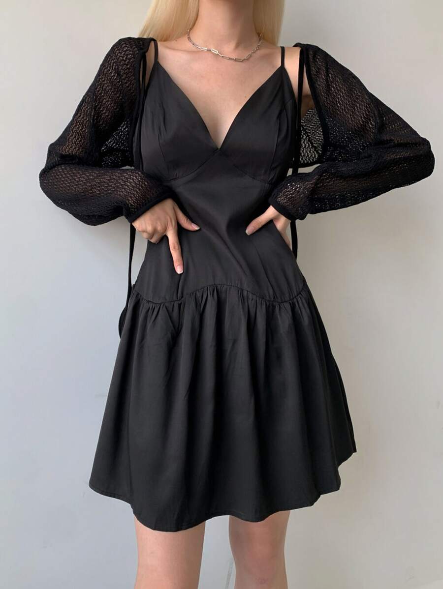 DAZY Đầm suông hở vai bèo nhún trơn, Đầm thường ngày cho nữ - màu đen - Xem 1