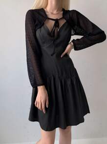 DAZY Đầm suông hở vai bèo nhún trơn, Đầm thường ngày cho nữ - màu đen - Xem 5