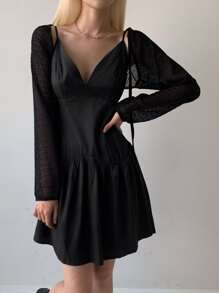 DAZY Đầm suông hở vai bèo nhún trơn, Đầm thường ngày cho nữ - màu đen - Xem 6