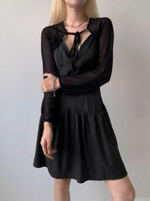 DAZY Đầm suông hở vai bèo nhún trơn, Đầm thường ngày cho nữ - màu đen - Xem 9