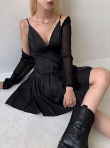 DAZY Đầm suông hở vai bèo nhún trơn, Đầm thường ngày cho nữ - màu đen - Xem 10