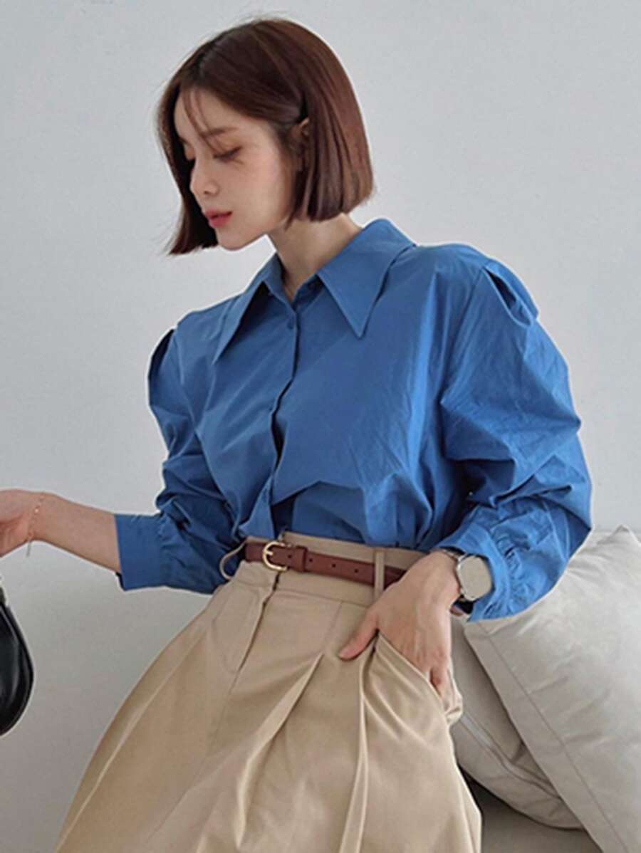 DAZY Camisa unicolor con botón delantero de manga farol - Azul - Ver 1