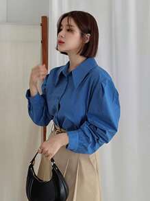 DAZY Camisa unicolor con botón delantero de manga farol - Azul - Ver 3