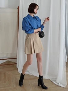 DAZY Camisa unicolor con botón delantero de manga farol - Azul - Ver 4