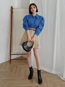 DAZY Camisa unicolor con botón delantero de manga farol - Azul - Ver 5